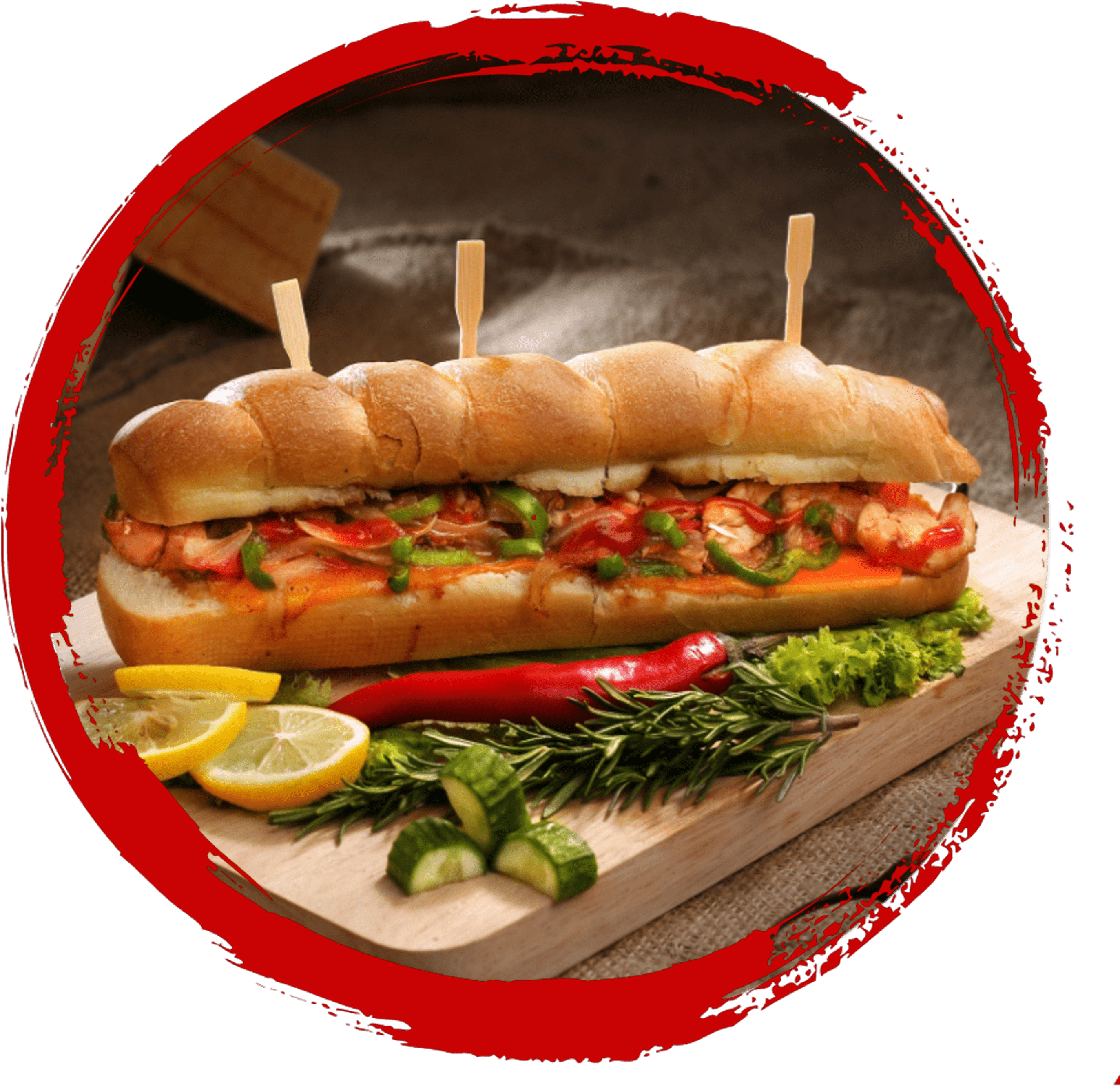 A subway sandwich on a wooden board with extra garnish